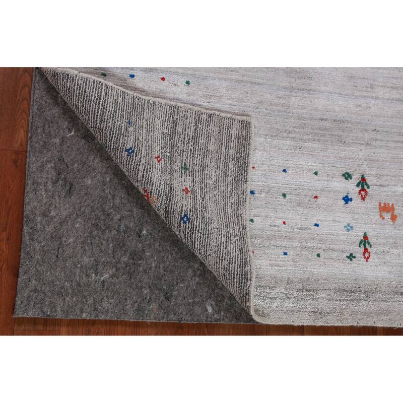 Hand Knotted Oriental Viscose Silk Carpet Tribal Stripe Greys & Charcoal Gabbeh Area Rug - 9' 11'' X 7' 10''