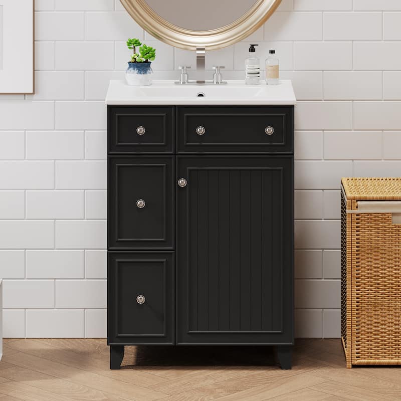 24" Bathroom Vanity Cabinet with Ceramic Sink & 2 Drawers, Bathroom Storage Cabinet Free-standing Single Sink Cabinet, Black