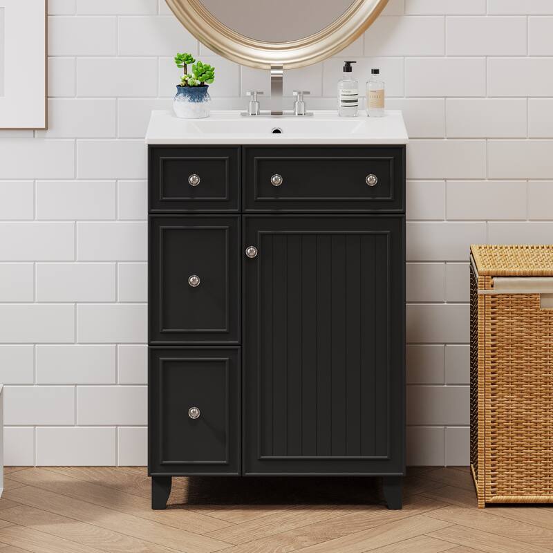 24 Inch Bathroom Vanity Cabinet with Ceramic Sink, 2 Drawers & Door, Bathroom Storage Cabinet Free-standing Single Sink Cabinet