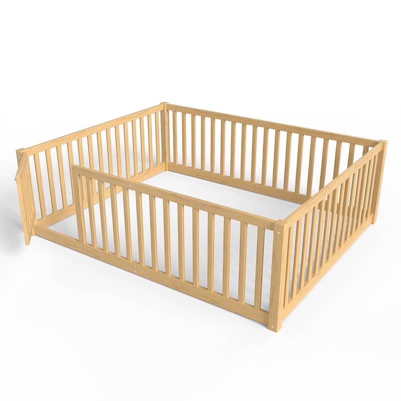Montessori Floor Bed with Safety Guardrails & Door, Kids Low Profile Frame, Available in Queen/Full/Twin