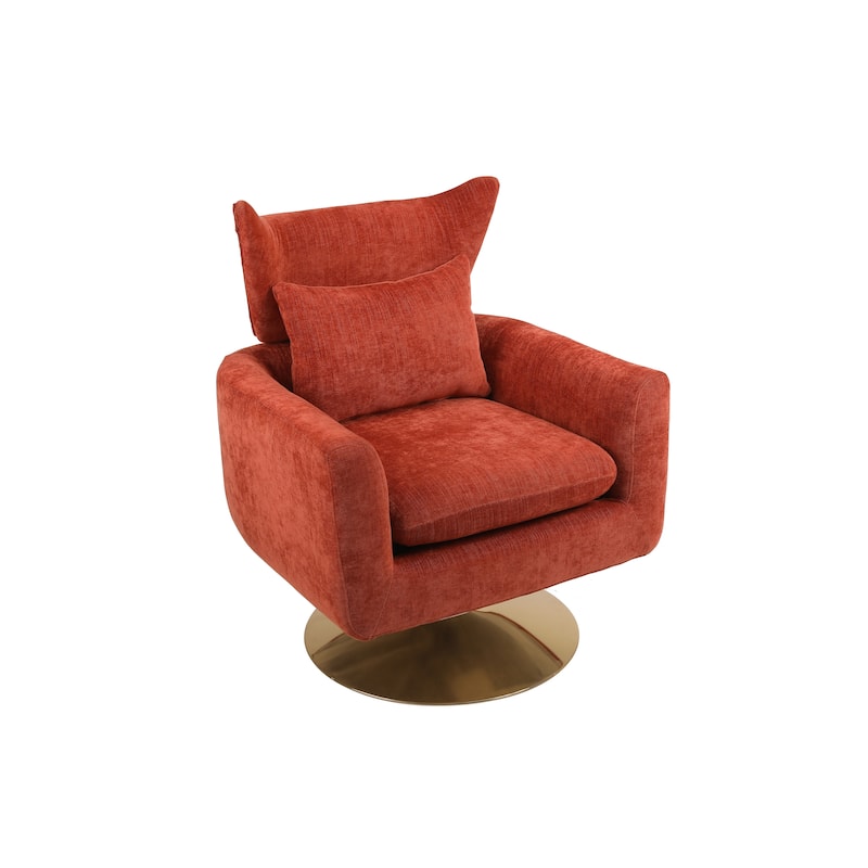 Orange Modern 29.9" Upholstered 360° Swivel Accent Chair with Iron Base and Pillow