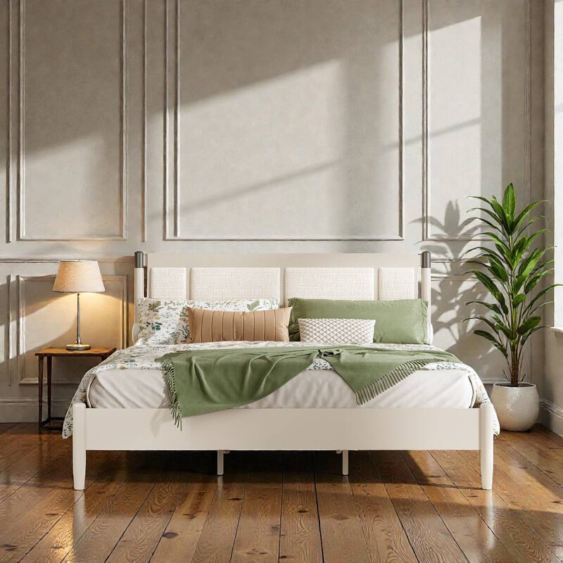 Solid Wood Platform Bed with Upholstered Headboard and Metal Handles, Heavy Duty 500 lbs Support, No Box Spring - Beige - King