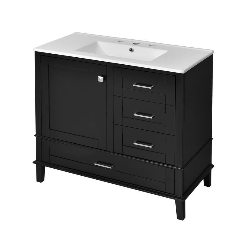 36" Bathroom Vanity with Solid Pine Frame, 1 Soft Close Door and 3 Drawers, Modern Storage Cabinet