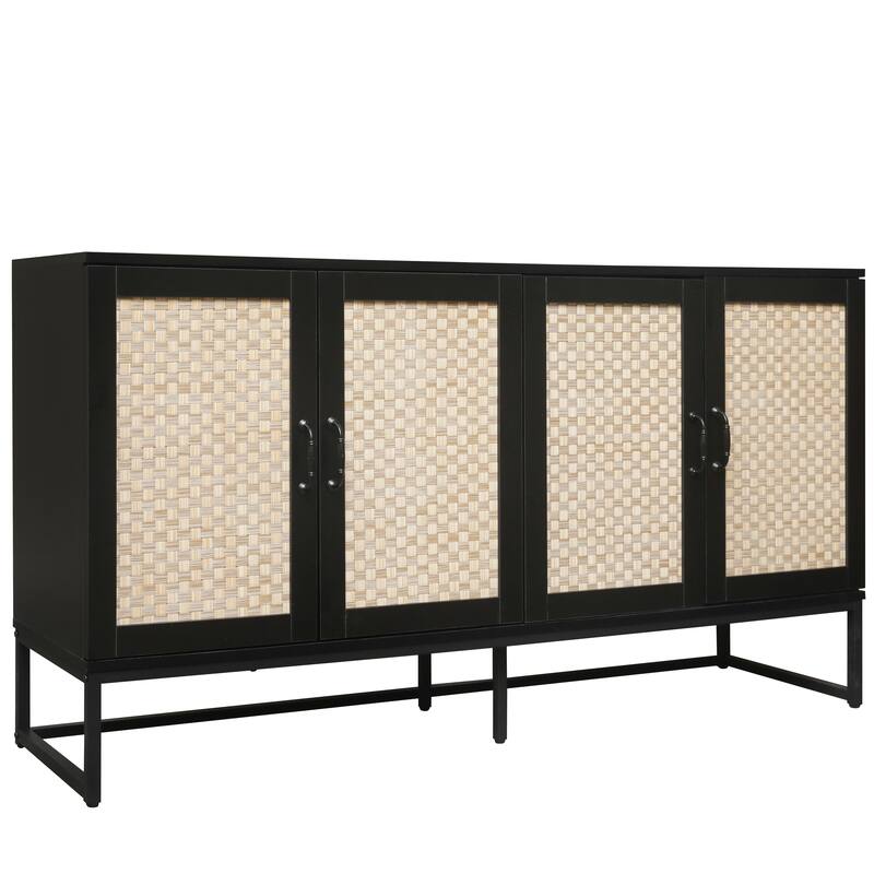 Engineered Rattan Buffet Accent Storage Cabinet 4-Door Sideboard with Adjustable Shelf, Cupboard Console Table Hallway Cabinet