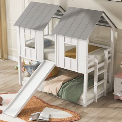 Twin over Twin House Bunk Bed with Slide and Windows, Wooden Bed Frame
