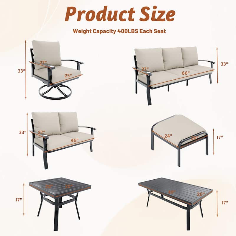 EROMMY Patio Set: 360° Swivel Rockers, Sofa, Ottomans & Table – Outdoor Conversation Set for Poolside, Garden & Deck