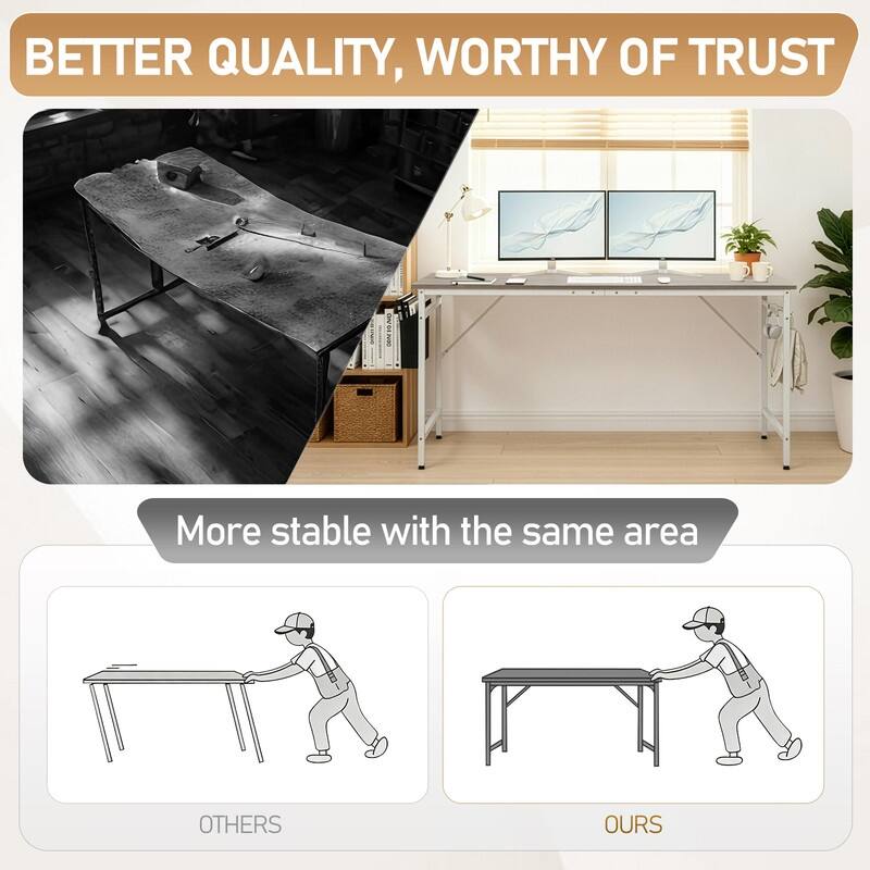 63” Computer Desk for Home Office ,Study Writing Desk with Storage, Side Hooks & Adjustable Feet