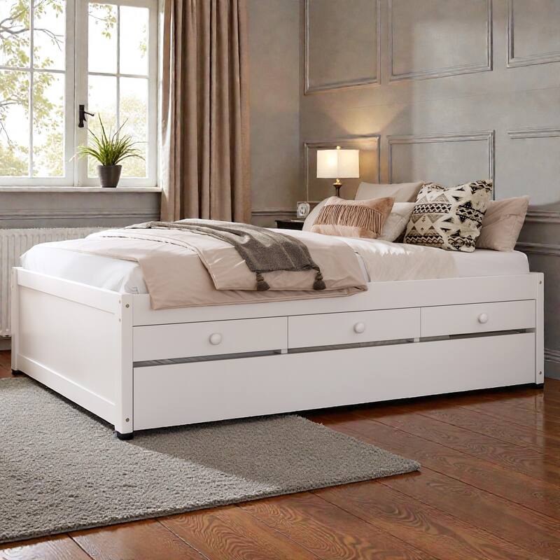 Platform Bed with Trundle, 2 Storage Drawers and Built In Power Strip, Solid Wood Bed Frame - White - Full
