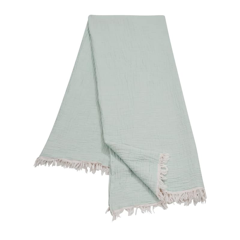 HomeRoots 47" X 60" Aqua Cotton Woven Turkish Towel Throw Blanket with Fringe