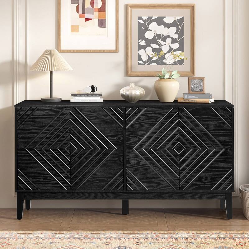 Farmhouse 60.5" Buffet Cabinet with Adjustable Shelves and Geometric Pattern for Stylish Storage Solutions