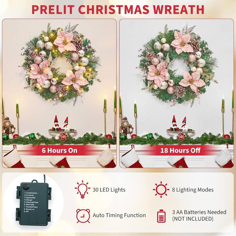 22" Christmas Wreath with Lights for Front Door with Rose Gold Balls Poinsettia Flowers - N/A