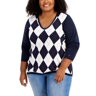 Tommy Hilfiger Women's Cotton Argyle Print Layered Look Sweater Blue Size Medium