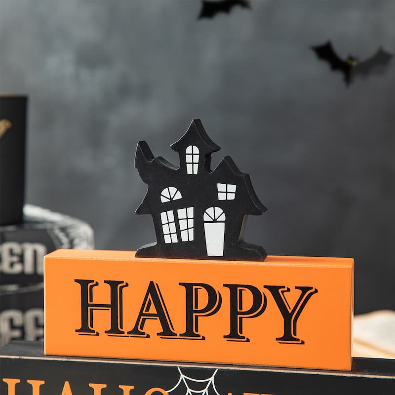 Glitzhome 9.5"L Happy Halloween Wooden Haunted House Block Sign - Block Sign