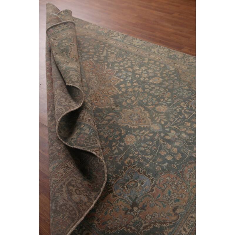 Green Tabriz Persian Vintage Area Rug Hand-knotted Wool Carpet - 6'5" x 8'11"