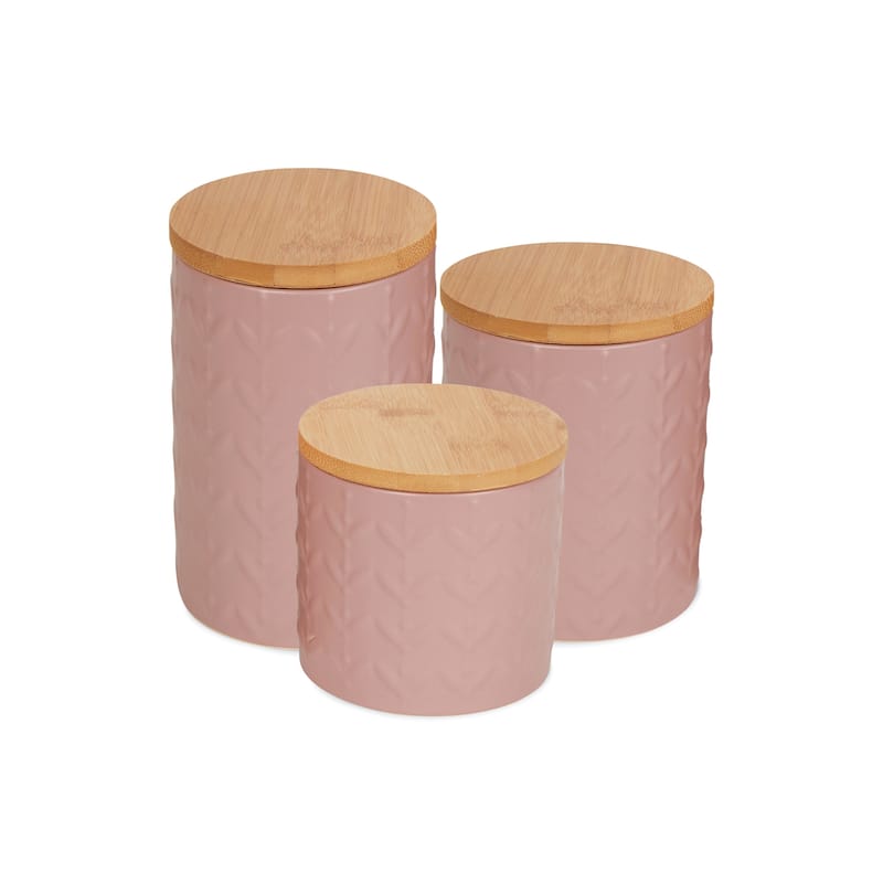 Retro Vine Texture Ceramic Canister (Set of 3) - 2 Cup/2.5 Cup/3.5 Cup Capacity - Pale Mauve Vine