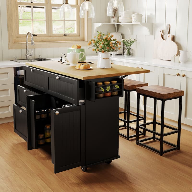 Farmhouse Kitchen Island on Wheels with Drop Leaf, 2 Seating & Power Outlet