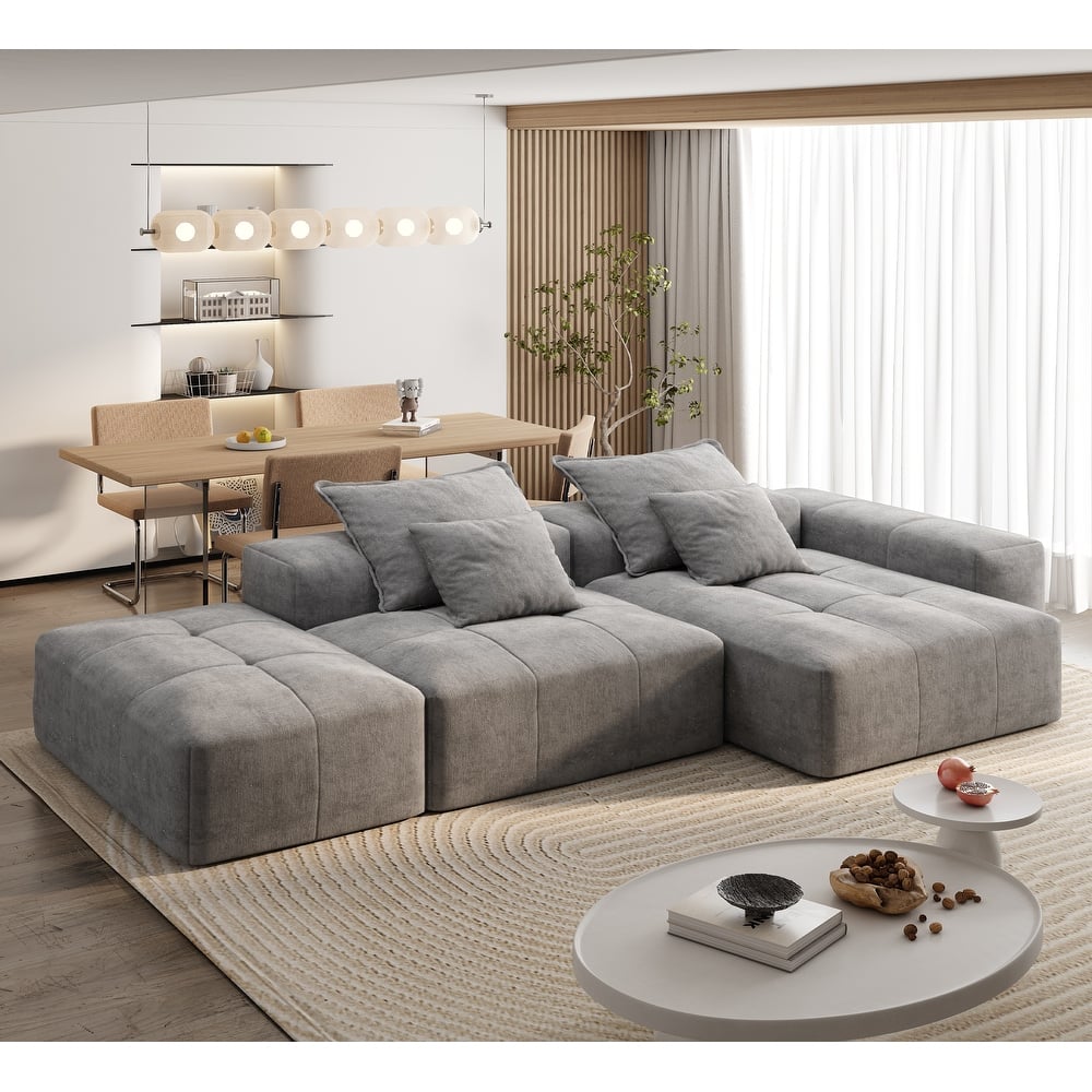 Oversized Floor Sectional Sofa with Ottoman & Chaise Lounge, Chenille Fabric Modular Couch with 4 Pillows for Living Room