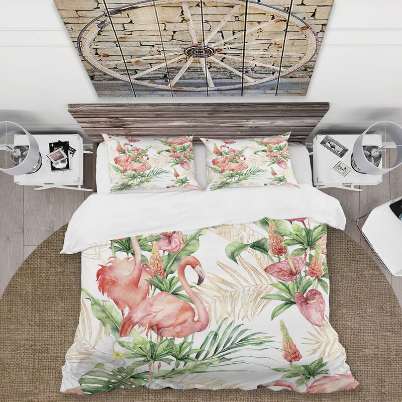 Designart 'Pink Flamingos With Tropical Flowers & Gold Leaves' Traditional Duvet Cover Set