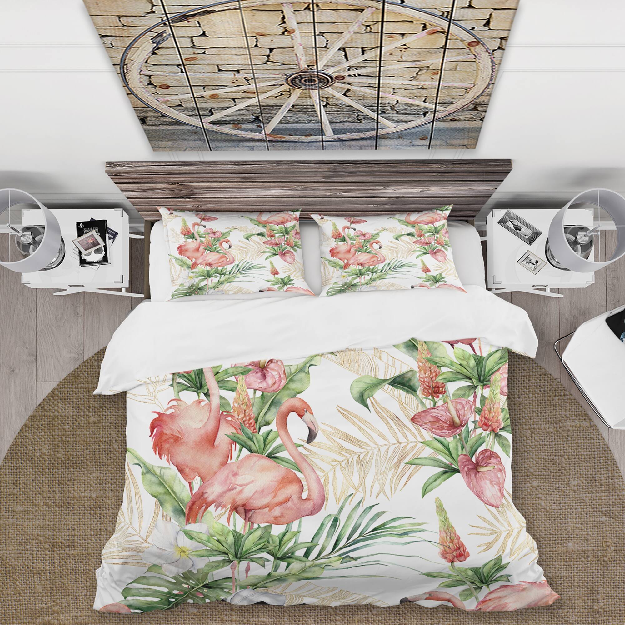 Designart 'Pink Flamingos With Tropical Flowers & Gold Leaves