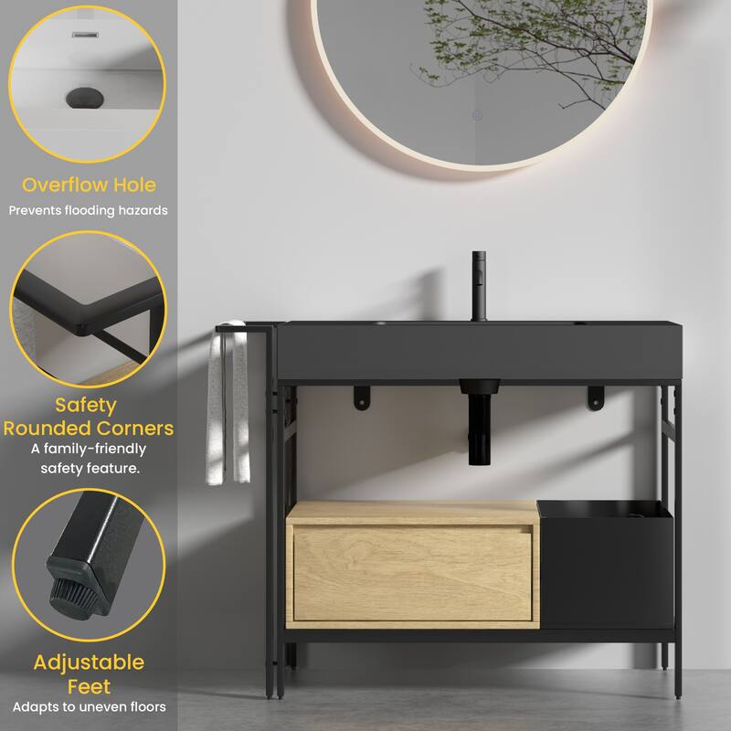 36" Industrial Modular Bathroom Vanity - Metal Frame with Seamless Artificial Stone Basin(Drain & Faucet Not Included)