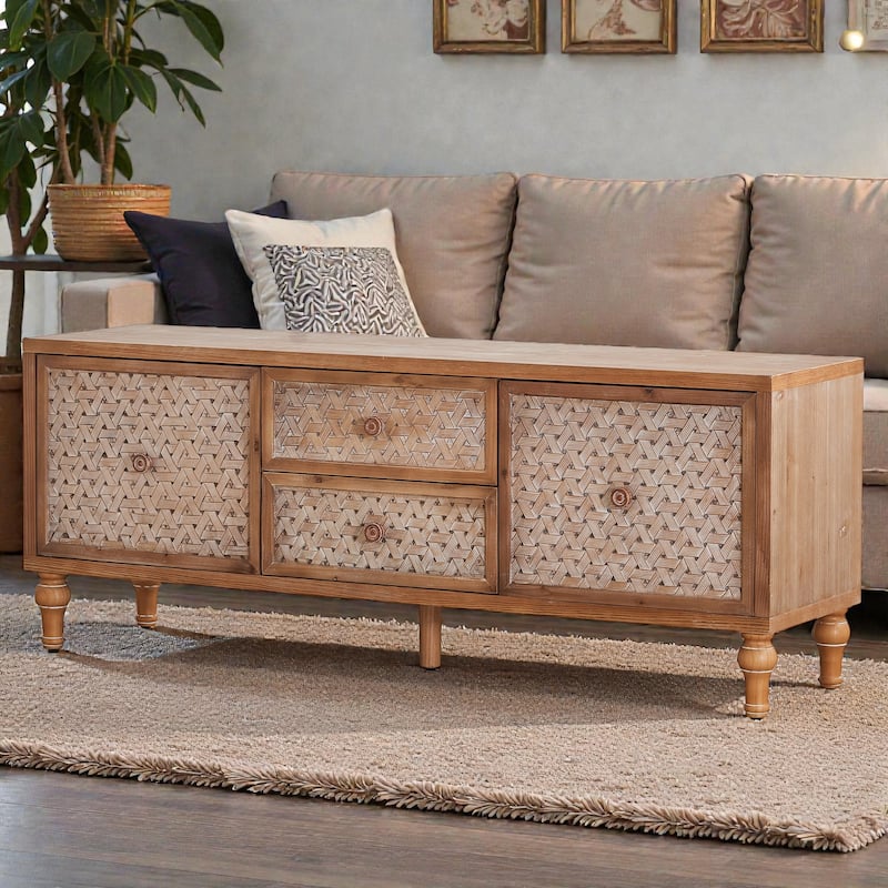 Rattan TV Stand for 55/60/65 Inch TVs, Mid-Century Boho Media Console with Doors, Drawers and Adjustable Shelf