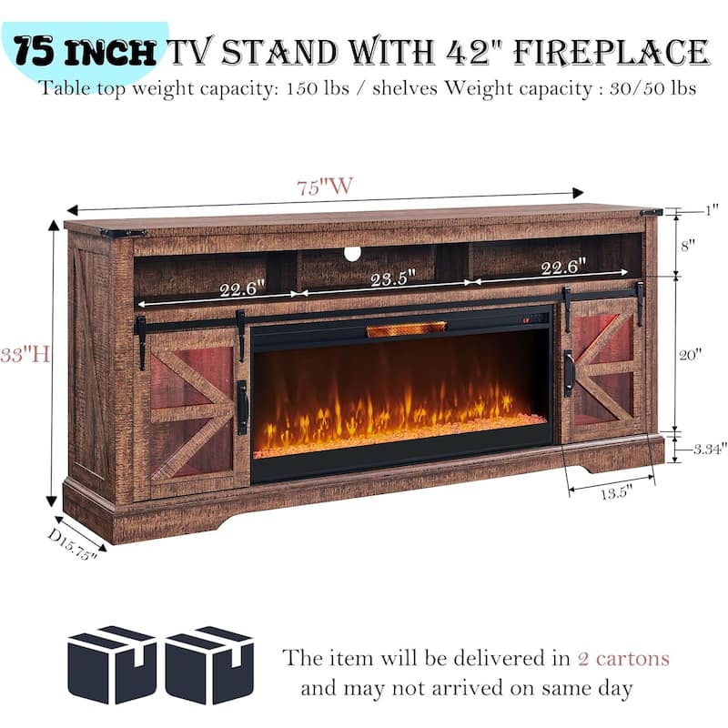 Farmhouse Fireplace TV Stand for 80" TV, Rustic Entertainment Center
