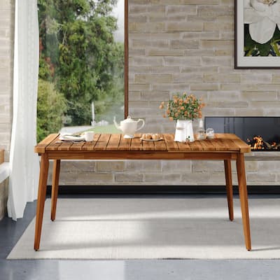 Wood Dining Table 6-Person Outdoor Table, Farmhouse Furniture for Patio, Garden, Backyard, Teak 180 LBS Weight Capacity 63"L