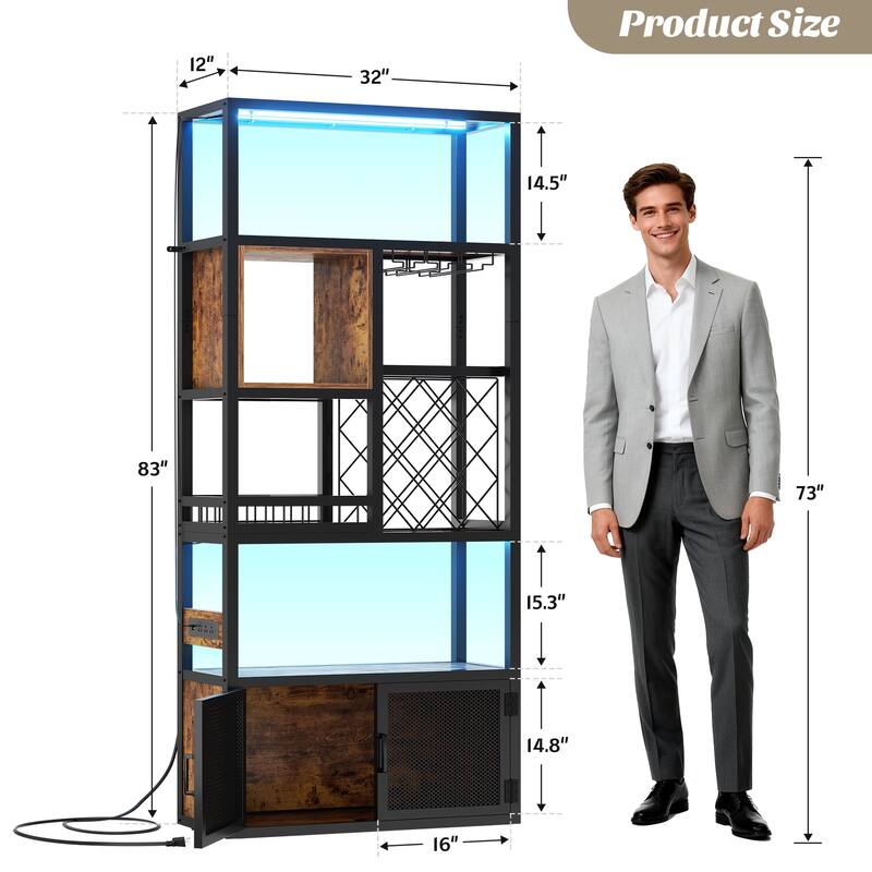 82.6" Tall Wine Cabinet with Glass Holder & Wine Rack，6-Tiers Liquor Storage Cabinet with LED Lights ＆ Charging Station