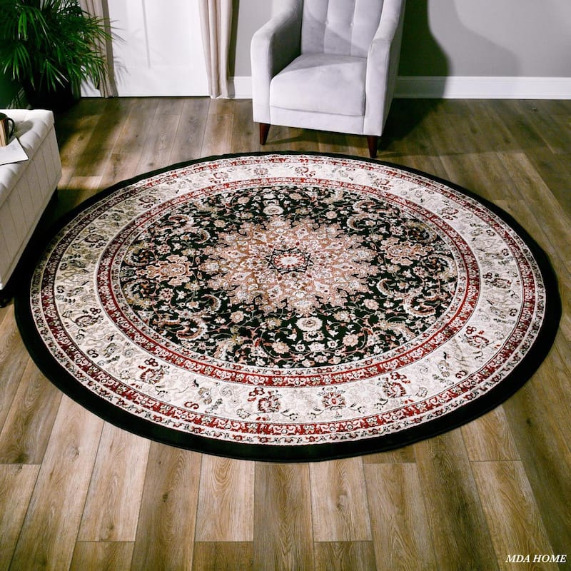 Hollywood Collection Floral Area Rug - 5'2'' Round - Black
