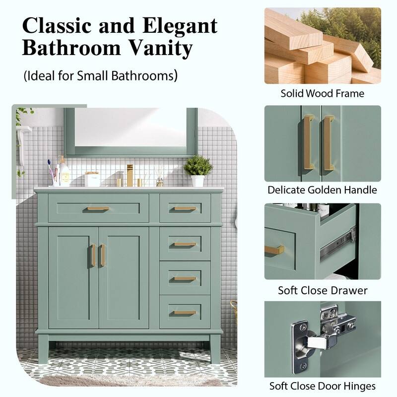 36" Modern Bathroom Vanity with Ceramic Sink, Soft-Close Door and 4 Storage Drawers