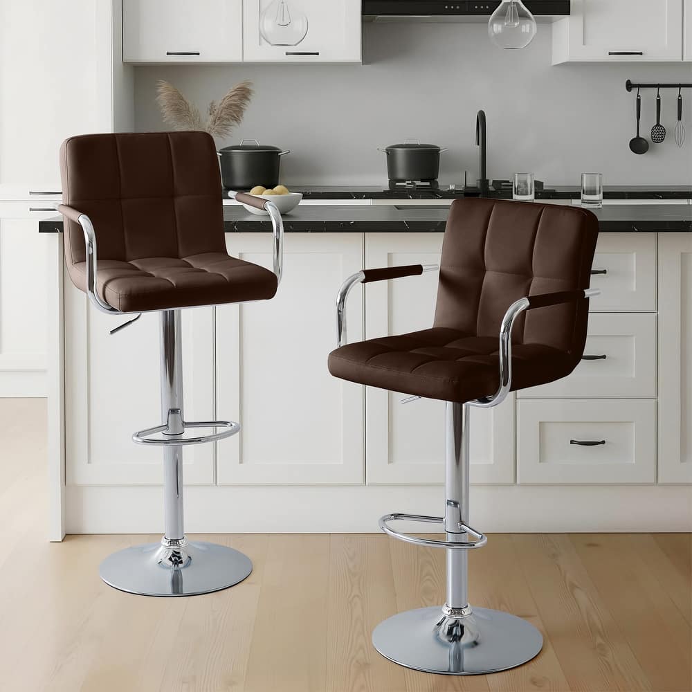 Adjustable Height Bar Stools Set of 2, Modern Square Tufted Upholstered Bar Chairs with Footrest.