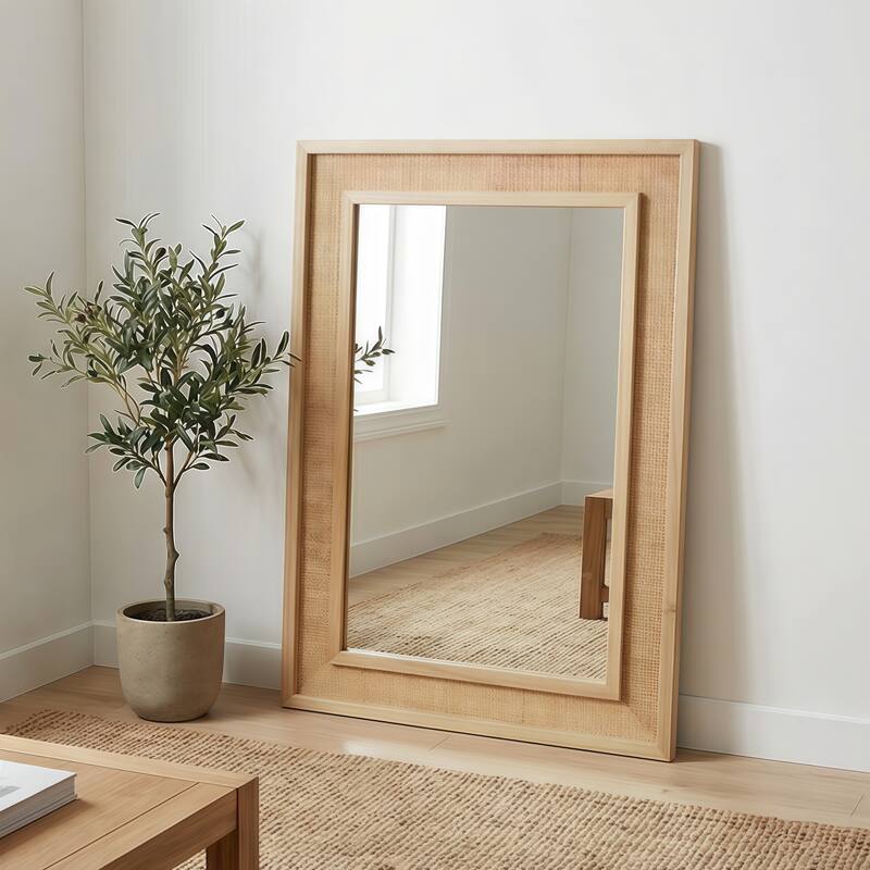 Rattan Rectangle Solid Wood Frame Decorative Mirror
