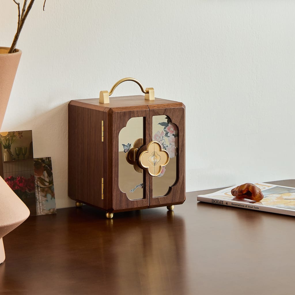 Elegant Brown Wooden Jewelry Box – Black Walnut 4-Layer Organizer with Mirror & Gold Handle, Ideal Gift for Birthdays - 6.3 in