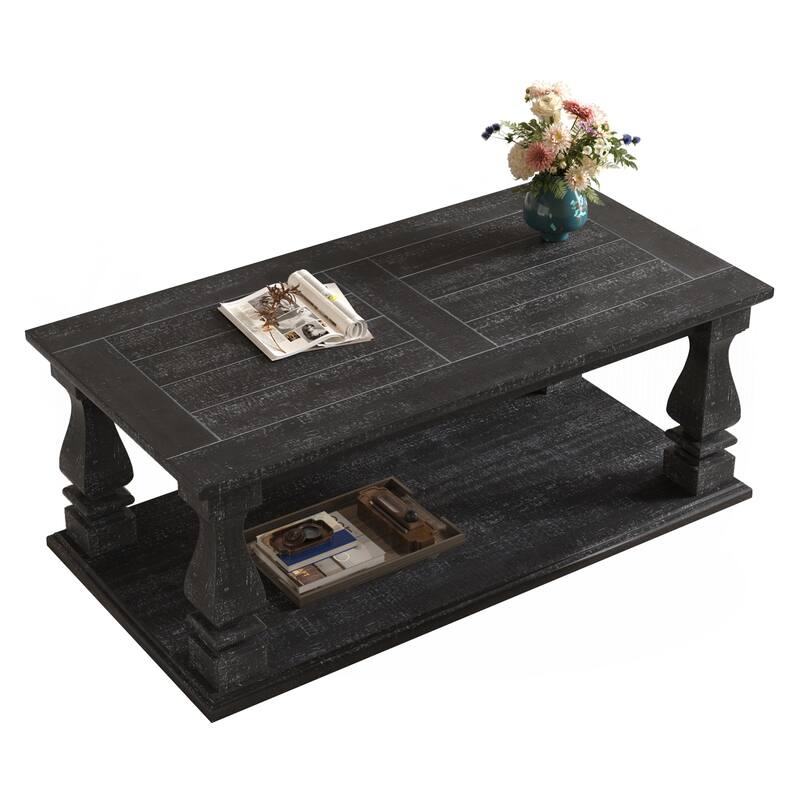 Farmhouse Coffee Table, Crafted with Heavy Planked Top & Square Baluster Legs