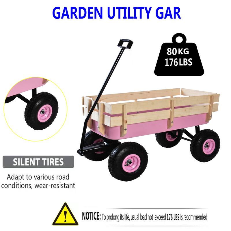 All-Terrain Garden Utility Wagon - Removable Wooden Sides, Steel Bed, 10-Inch Air Tires, and Foldable Handle