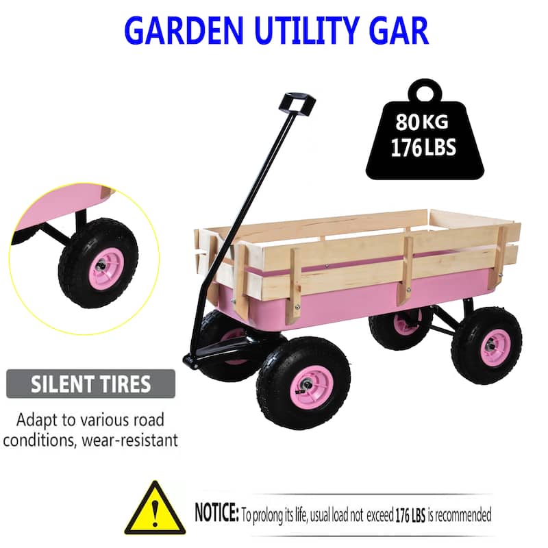 Outdoor Wagon Garden Cart All Terrain Pulling Wood Railing - 39.37" x 19.3" x 20.28" INCH