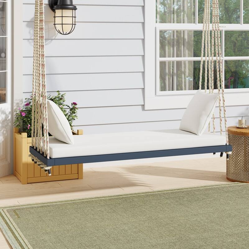 Porch Wooden Swing Chair with Hemp Ropes, Patio Hanging Swing Bench with Cushion & 2 Pillows - Grey