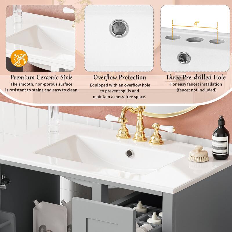 30-inch bathroom vanity with ceramic sink, rubberwood frame, MDF panels, one door with double storage racks, 3 drawers