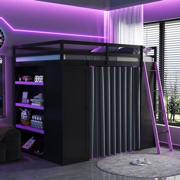 slide 2 of 66, Wood Full Size Loft Bed with Blackout Curtains and RGB Lights, Gaming Loft Bed with Desk & Shelves Purple+Black - Full