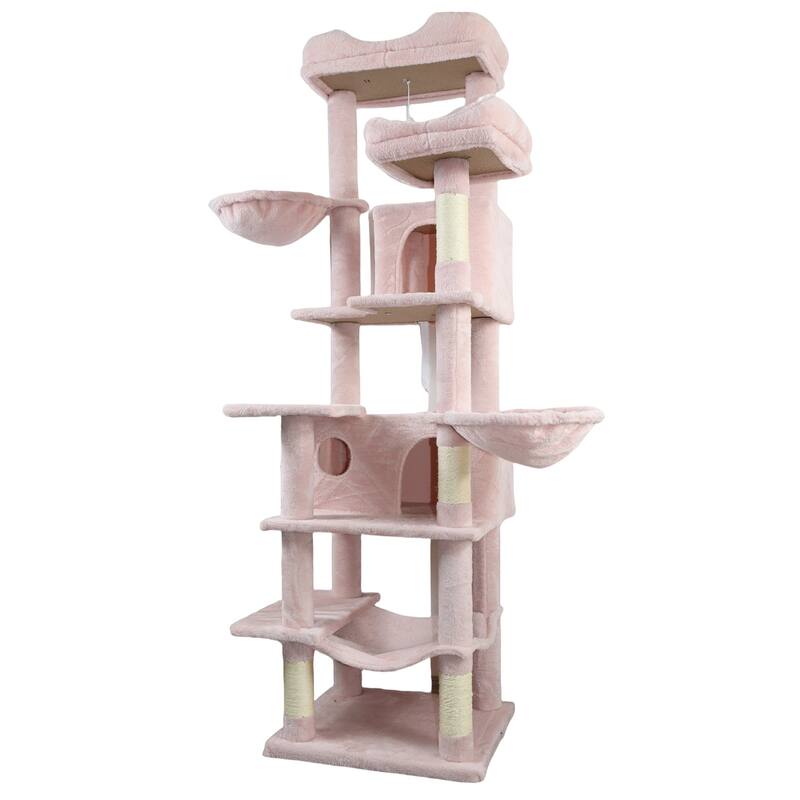 68in Tall Multi-Level Cat Tree with Hammocks, Hanging Basket, Cat Cave, Removeable Cushion, Scratching Posts
