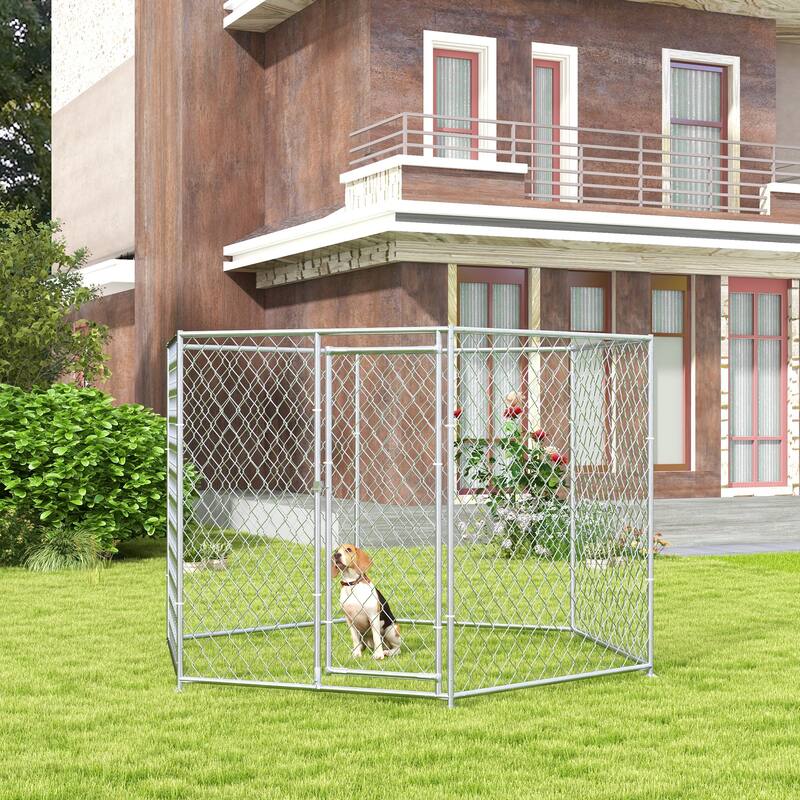 PawHut Dog Kennel Outdoor Dog Run with Lockable Door, for Medium and Large-Sized Dogs, Silver