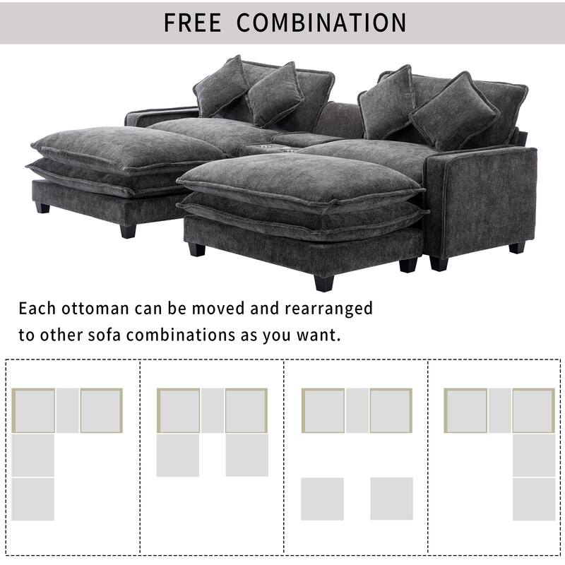 111" Grey Chenille Sectional Sofa with 2 Removable Ottomans, USB Ports, Cup Holders & Storage Box