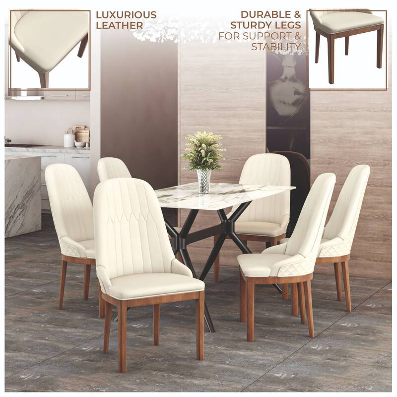 Leather Dining Chair with Rubberwood Legs Set of 2 Side Charis Sleek Diamond Stitching Back