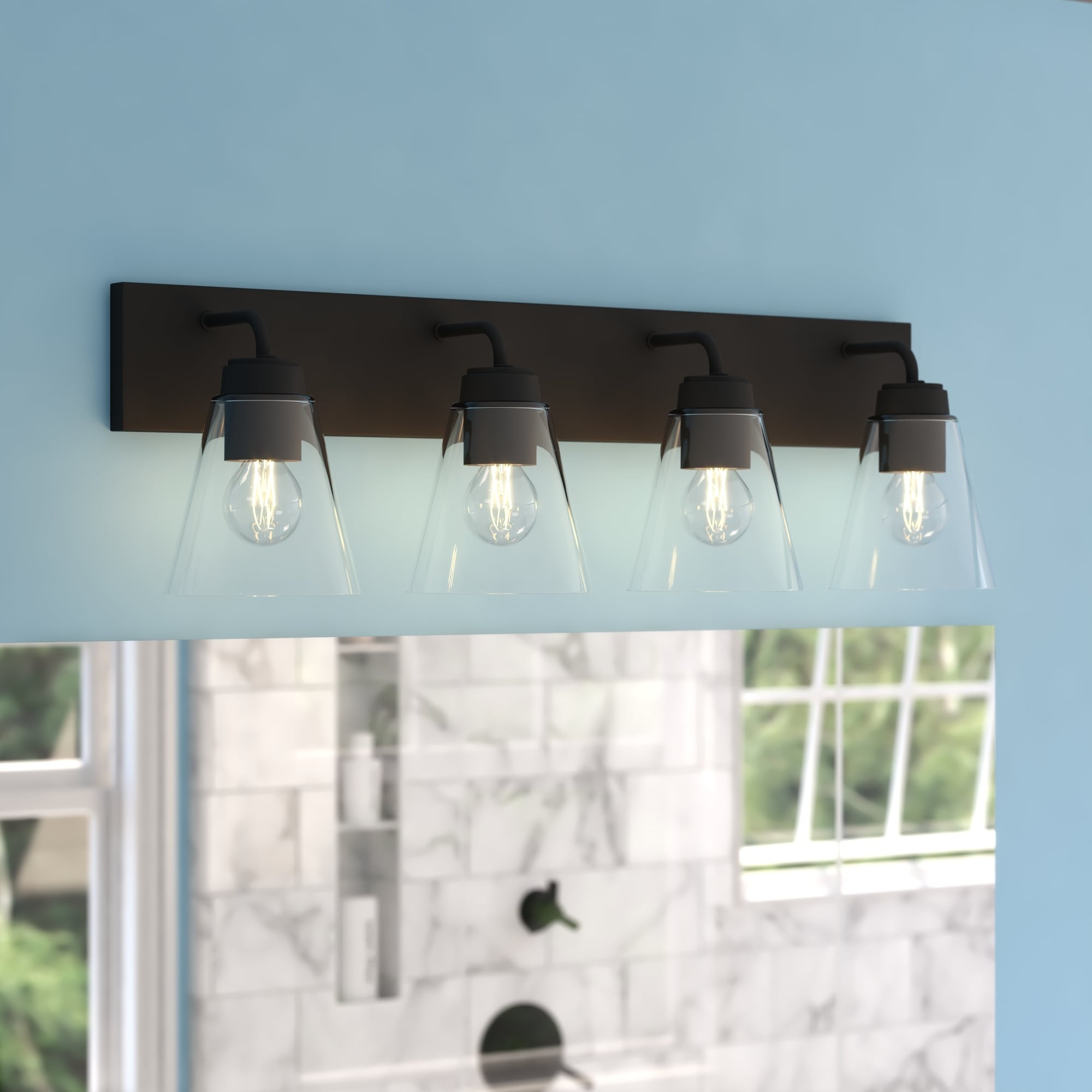 VAXCEL Lowell Bathroom Vanity Light, Clear Glass, Full Steel Backplate, Dimmable, Reversible Mount