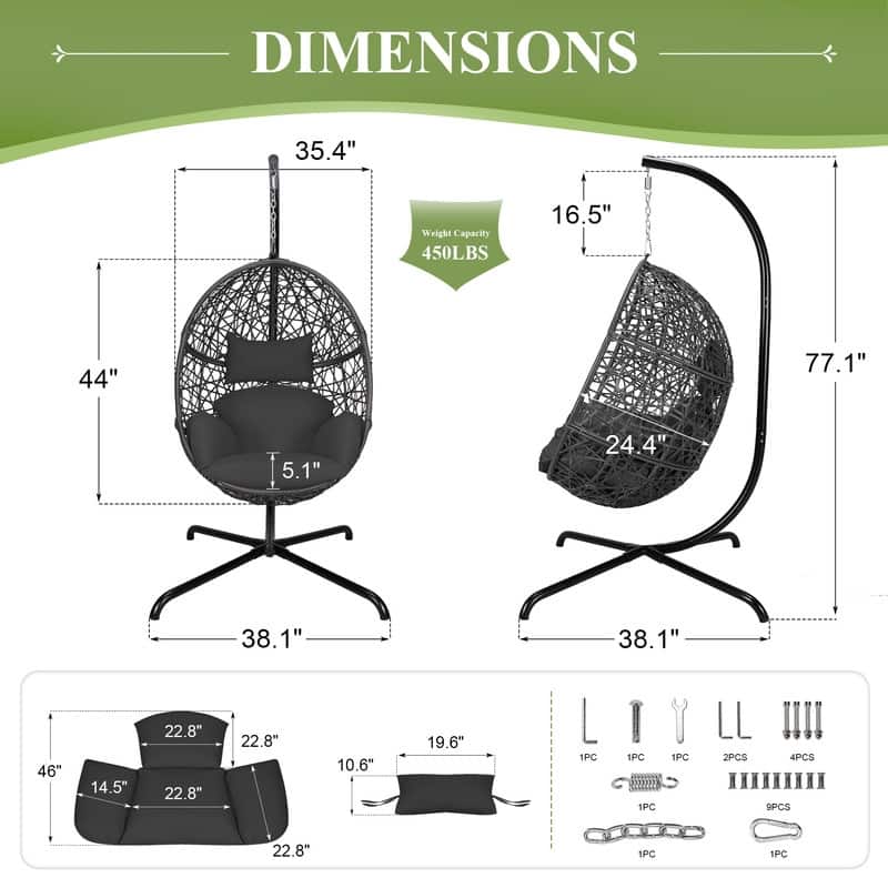 Oversized Outdoor Egg Chair with Stand, 450lbs Capacity Wicker Hanging Swing Chair, Extra Large Patio Lounge Chair with Cushions