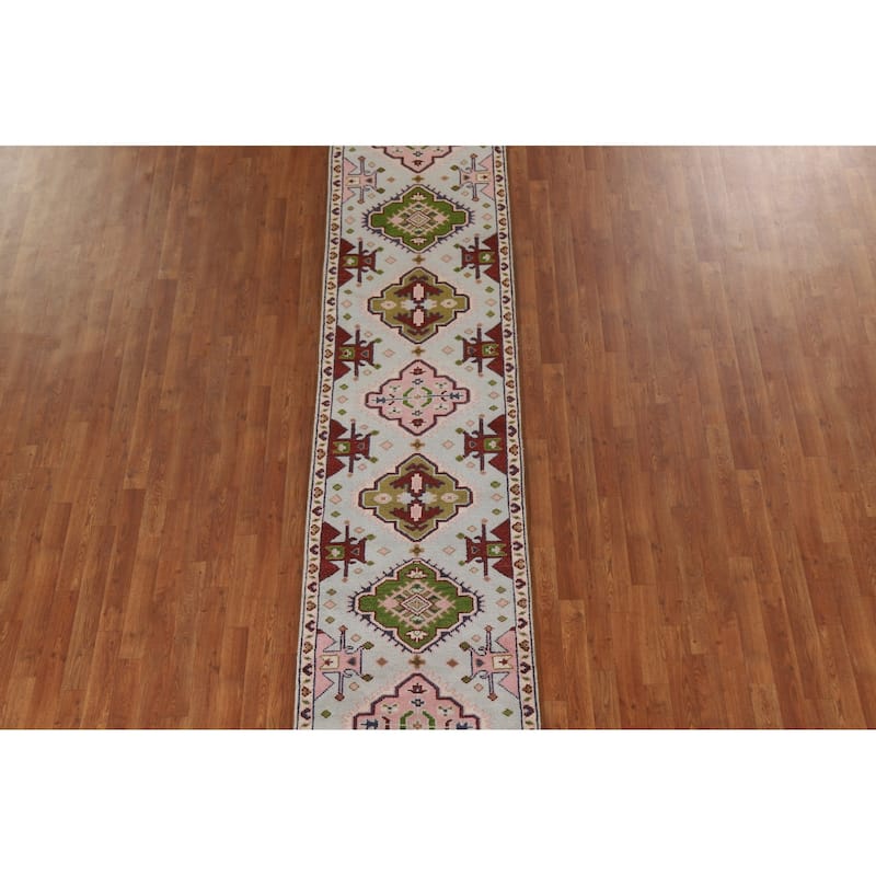 Geometric Blue Kazak Indian Runner Rug Handmade Wool Carpet - 2'7"x 11'5"