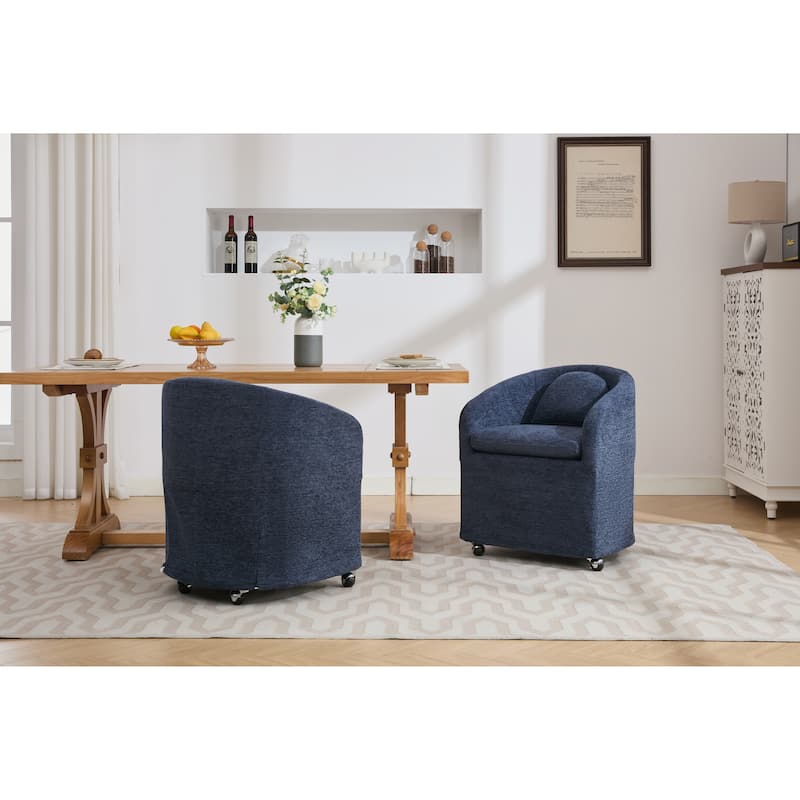 Set of 1 Chenille Fabric Dining Armchair With Back Cushion and Universal Wheels,Blue