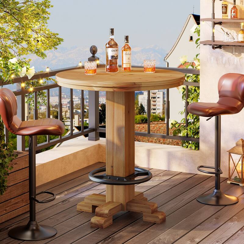 Solid Wood Bar Table, Round Bistro Pub Table, Pub Bistro Living Room Home Bar Unit - Brown