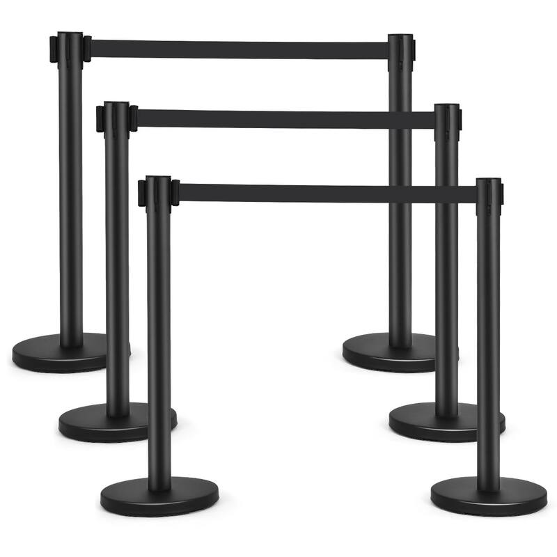 Costway 6Pcs Black Stanchion Posts Queue Pole Retractable Belt Crowd - See details - Black