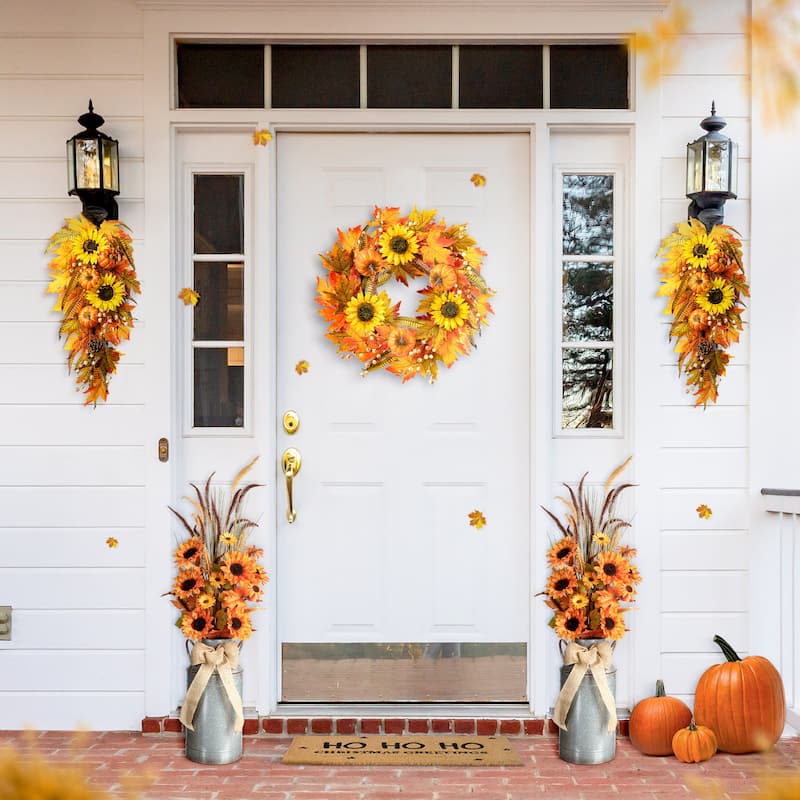 Glitzhome 26"H Fall Sunflower Pumpkin Lotus Leaf Teardrop Swag for Thanksgiving
